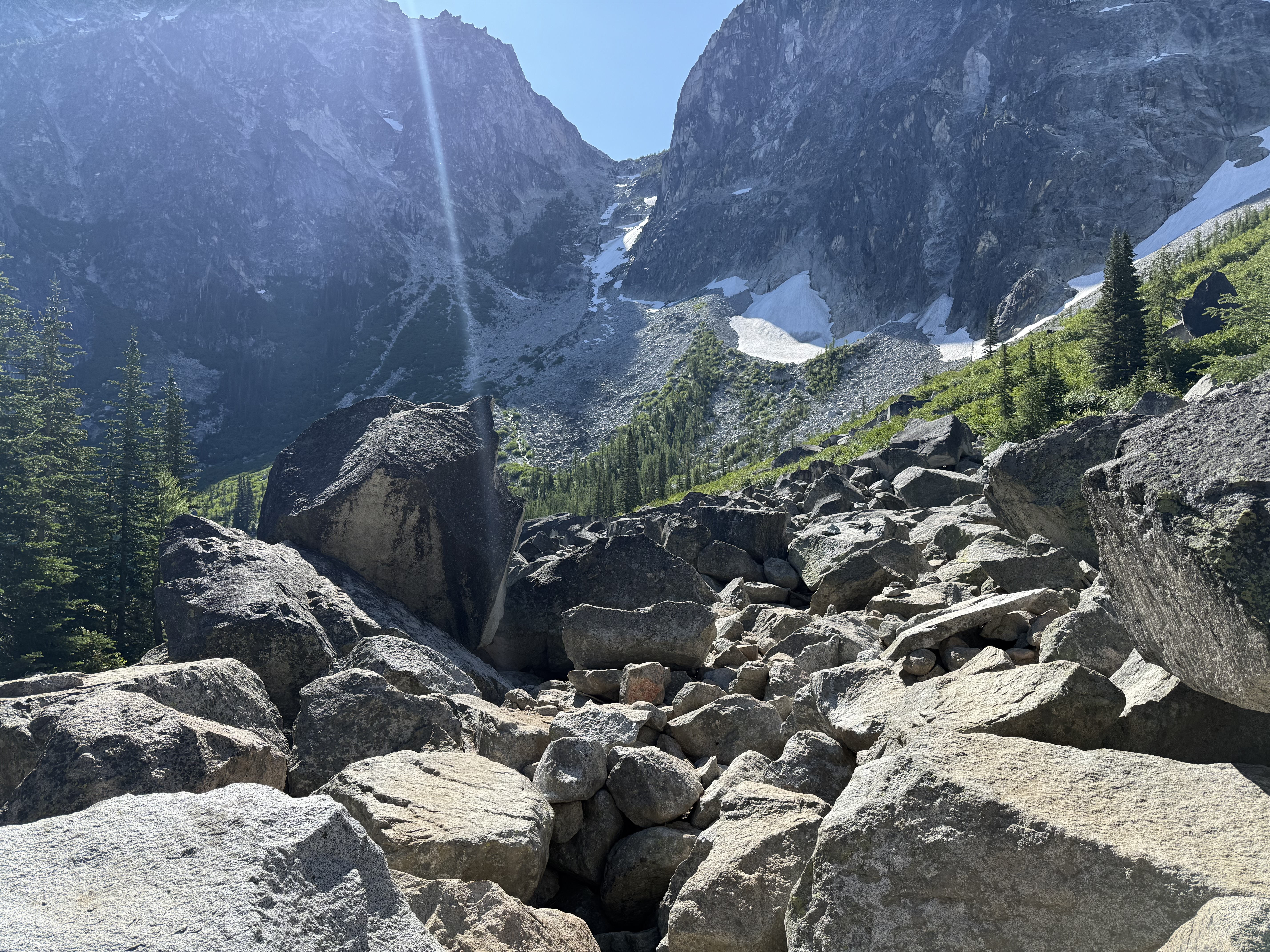 Looking up the Aasgard Pass boulder field with valley far below